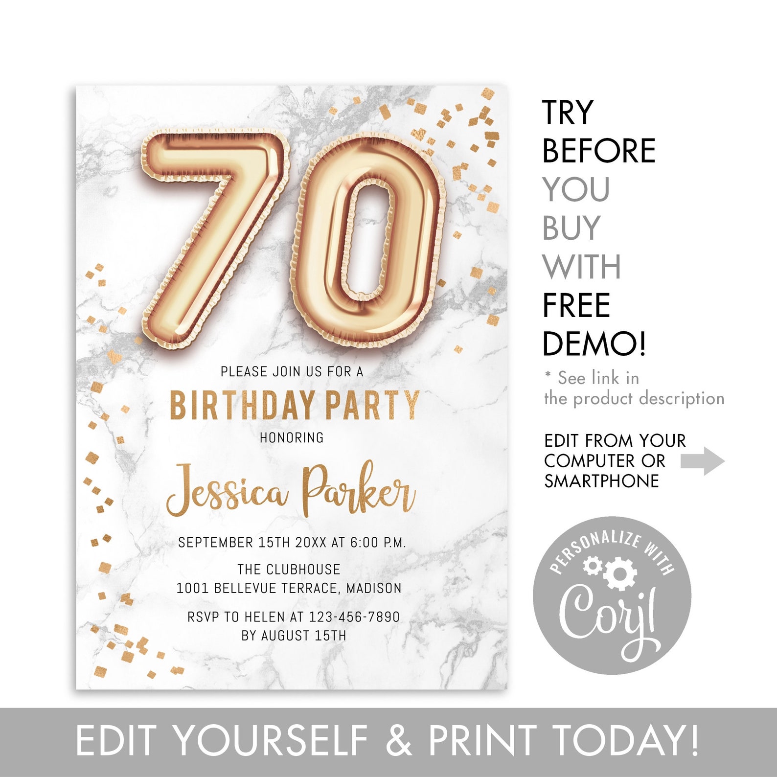 70th Birthday Party Invitation INSTANT DOWNLOAD Digital | Etsy