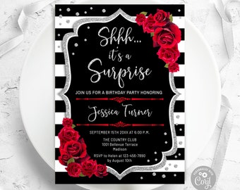 Surprise Birthday Invitation: Black, White, Roses (Digital Template)
