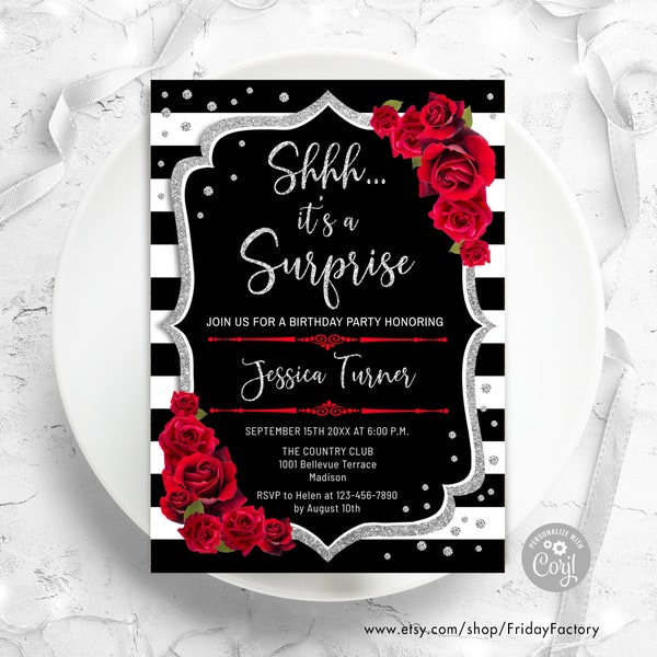 Surprise Birthday Invitation - INSTANT DOWNLOAD Digital Template. ANY age. Black White Stripes. Glitter Silver Red Roses. Floral Bday Invite