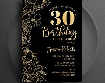 30th Birthday Invitation, Black Gold Floral Printable Invitation, Instant Download Digital Template