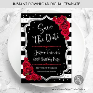 Invitación de cumpleaños con rayas blancas y negras: rosas rojas y purpurina (plantilla digital)
