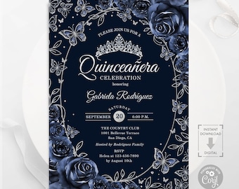 May include: Navy blue Quinceañera invitation featuring a floral and butterfly design. The invitation includes the text "Quinceañera Celebration" and details for Gabriela Rodriguez's event, including the date, time, and location.