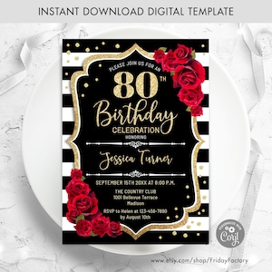 Plantilla de invitación para 80 cumpleaños: Negro, dorado y rosas (descarga digital)