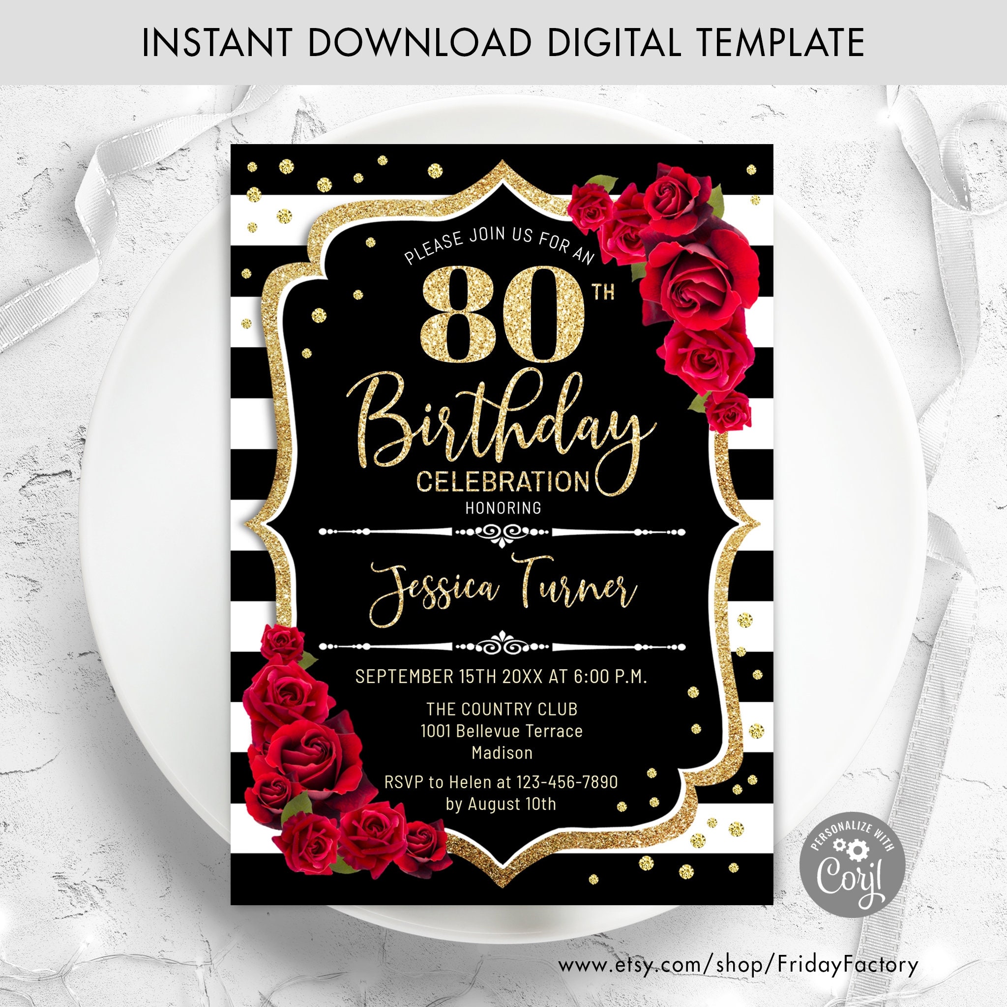 80th Birthday Invitation Template: Black, Gold, Roses (digital Download) -  Etsy, image size:2048x2048