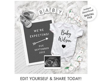 Digital Pregnancy Announcement. Gender Neutral Baby Reveal. Social Media DIY Due Date Announcement for Facebook Instagram