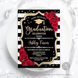 Plantilla de invitación de graduación con purpurina dorada y rosas (descarga digital)