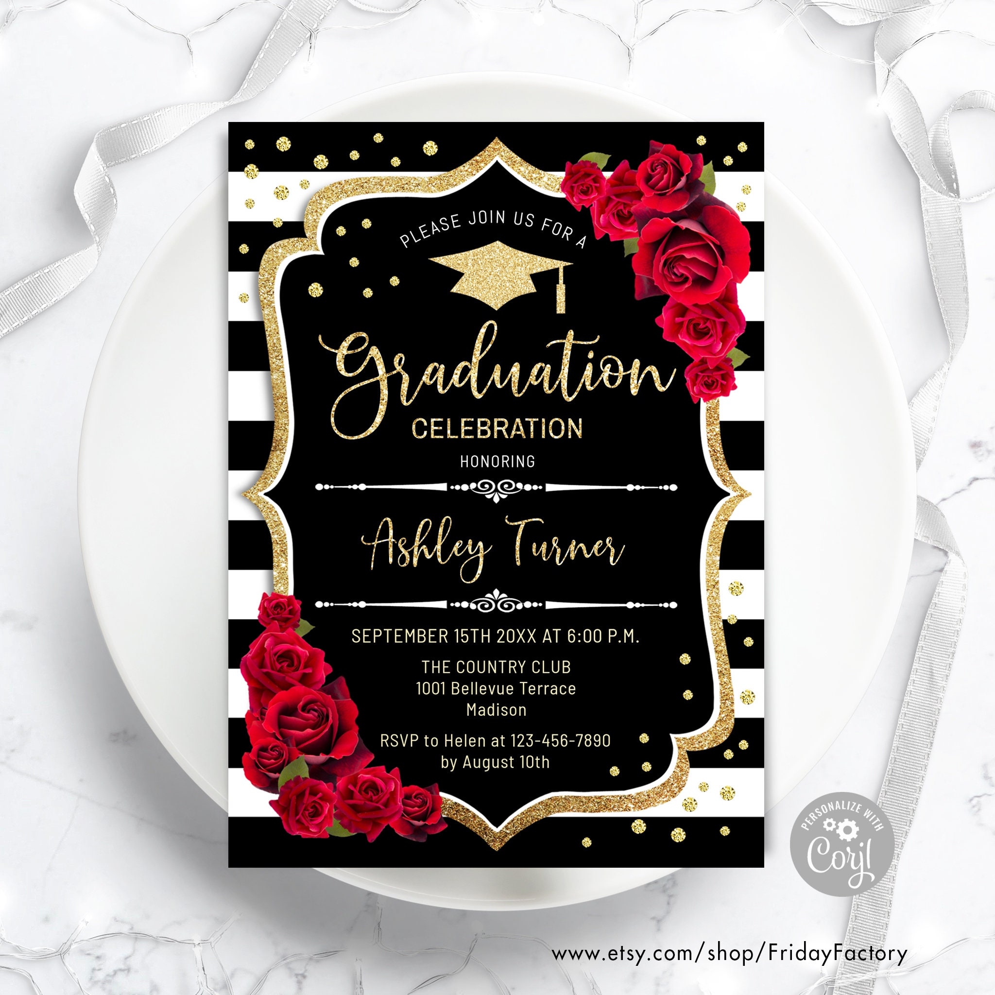 Glitter Gold & Roses Graduation Invitation Template (Digital Download)