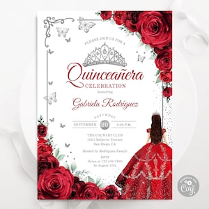 Invito per la festa della Quinceañera con fiori rossi: farfalle argentate (modello modificabile)