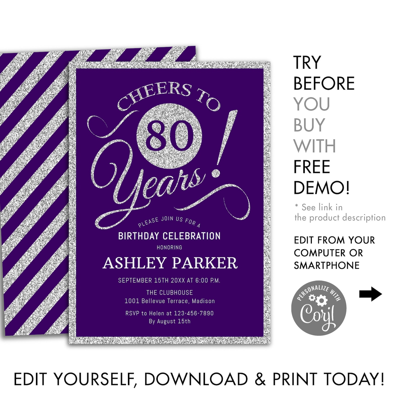 80th Birthday Party Invitation. INSTANT DOWNLOAD DIY Digital | Etsy