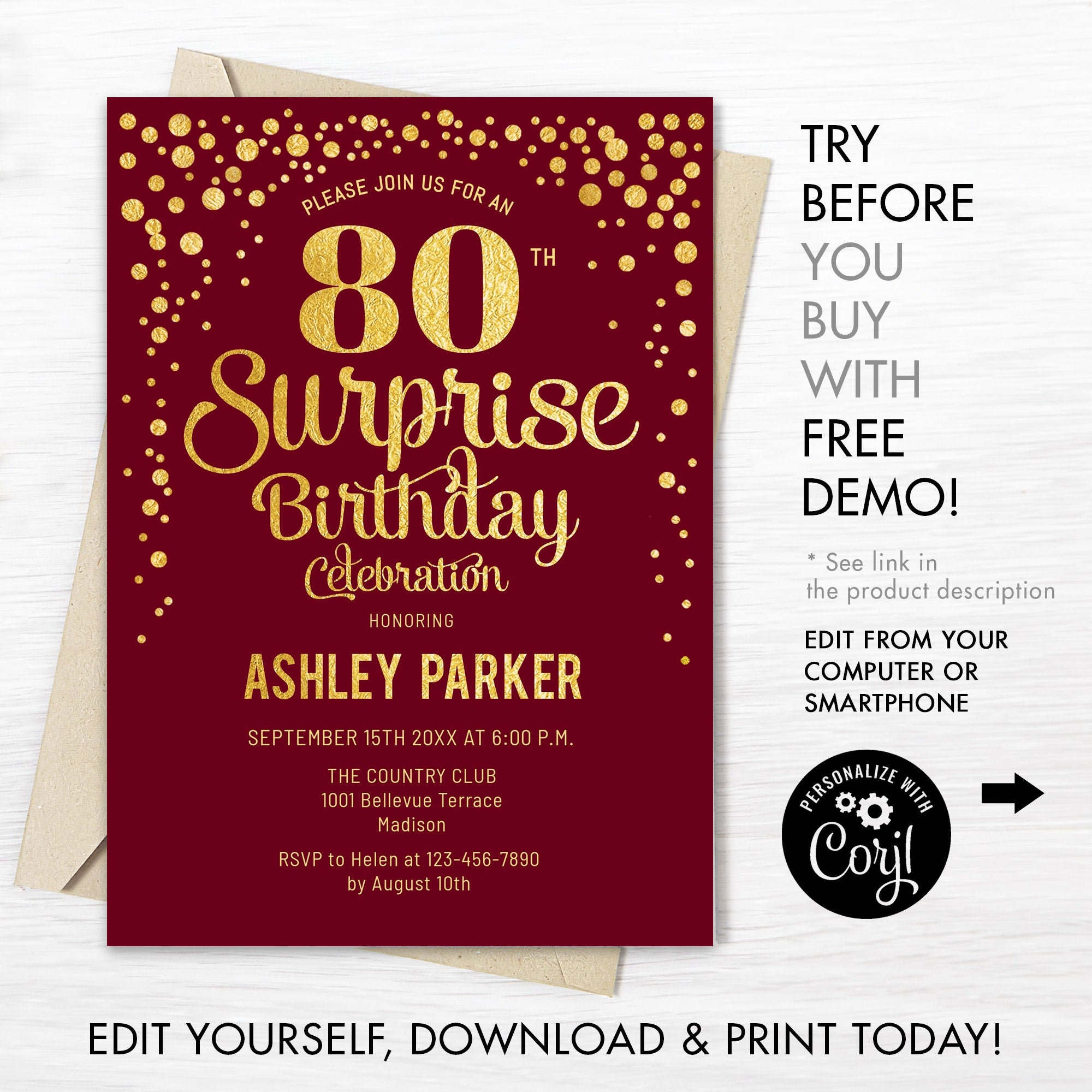 80th Surprise Birthday Invitation. Editable INSTANT DOWNLOAD | Etsy