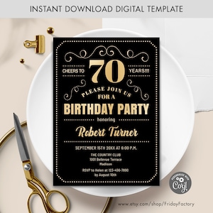 Invitación a la fiesta de cumpleaños número 70 - Plantilla digital de descarga instantánea. Cualquier edad. Oro Negro. Saludos a los 80 años.