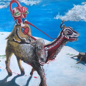 May include: A surreal painting of a red, humanoid figure riding a skeletal reindeer through a snowy landscape. The reindeer's insides are visible, and the rider has a heart on their chest.
