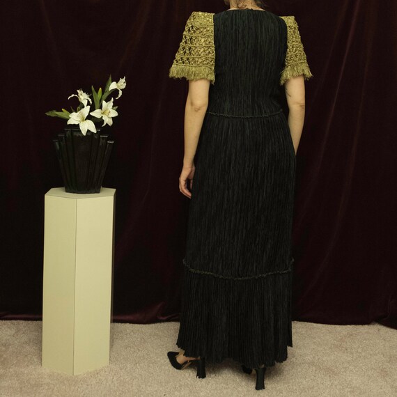 MARY MCFADDEN COUTURE vintage 1980s evening dress, I.Magnin black beaded plisse pleats gown