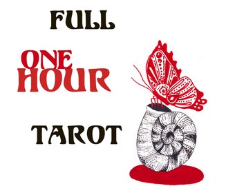 May include: A white background with black text that reads "FULL ONE HOUR TAROT" and a red butterfly on a black and white snail shell.