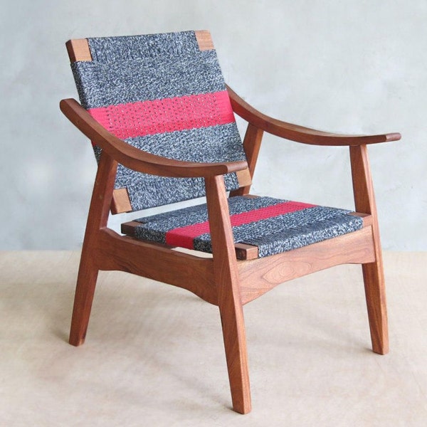 Red Stripe Mid Century Modern Armchair Handwoven Black and White blended handwoven seat and Mahogany frame. "Izapa" chair Nice home living!