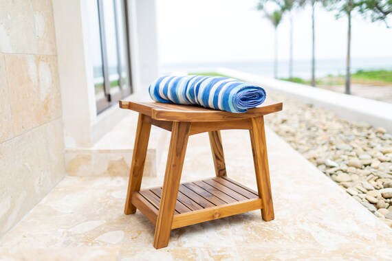 Slatted Teak Shower Stool Shower Bench Outdoor Shower Etsy