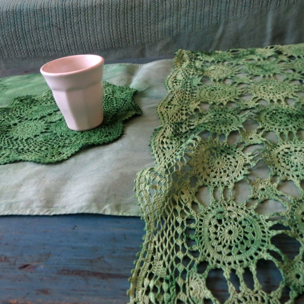 Set of 4 Hand Dyed Emerald Kelly Green Doilies, Linen Cotton