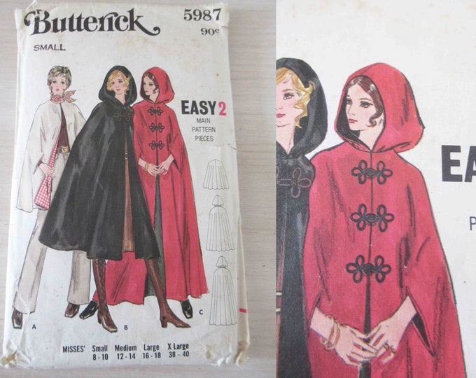 Butterick 5987 1970s Hooded Cape Jacket Coat Sewing Pattern Small 25% ...
