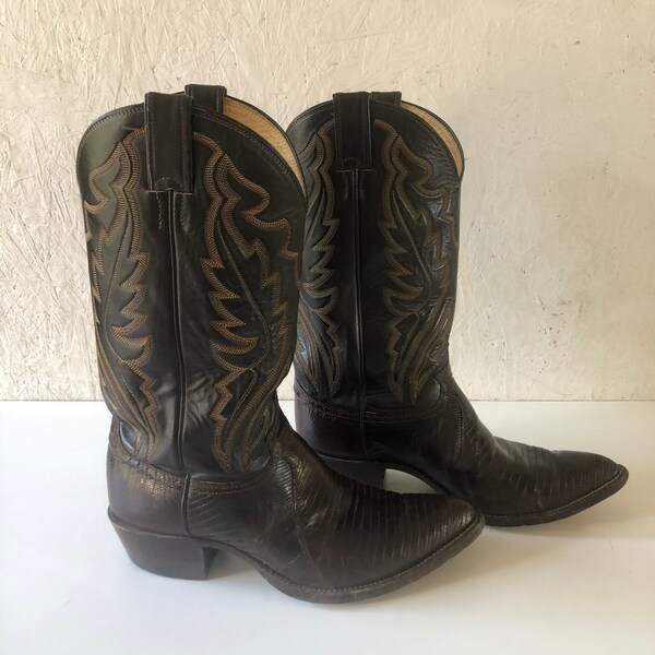 Justin Cowboy Boots Reptile Skin Leather Cowboy Boots Tall Pointed Toe 6-Row Stitching Boots Men Size 8 1/2 EEE Women 9 1/2 Wide