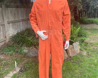 Vintage 60s 70s Distressed Faded Coveralls Orange Mechanic Workwear Utility Jumpsuit