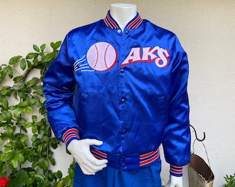 80s Satin Baseball Jacket Swingster Blue Red White Stripes AKS 1980s Baseball Softball Bomber Jacket Sports Size M