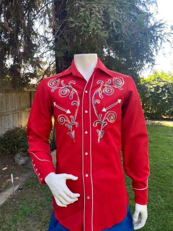 Vintage H Bar C Red Embroidered Western Cowboy Pearl Snap Shirt Western Wear XS-S