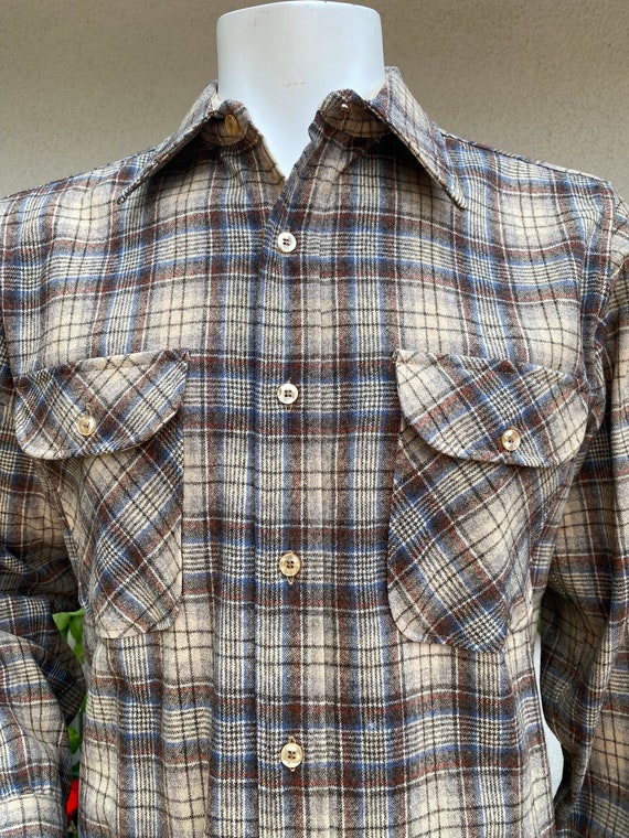 1960s 1970s Wool Pendleton Shirt Tan Plaid Oxford… - image 4