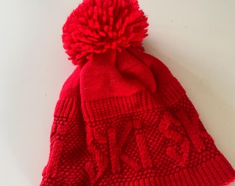 Vintage "Ski" Cap Red Knit Skiing Beanie with Pom One Size