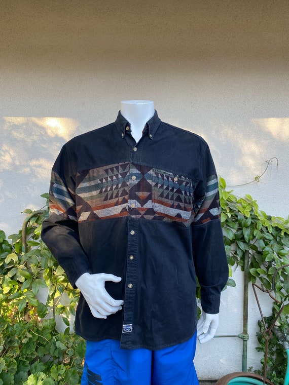 Vintage 90s Ikat Western Shirt Black Woven Southwe