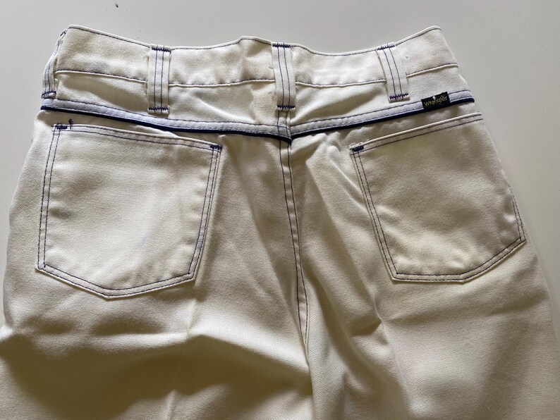 Vintage 70s White Wrangler Flared Jeans Blue Contrast Stitch Woven Trousers Waist 36 36x30.5 image 3
