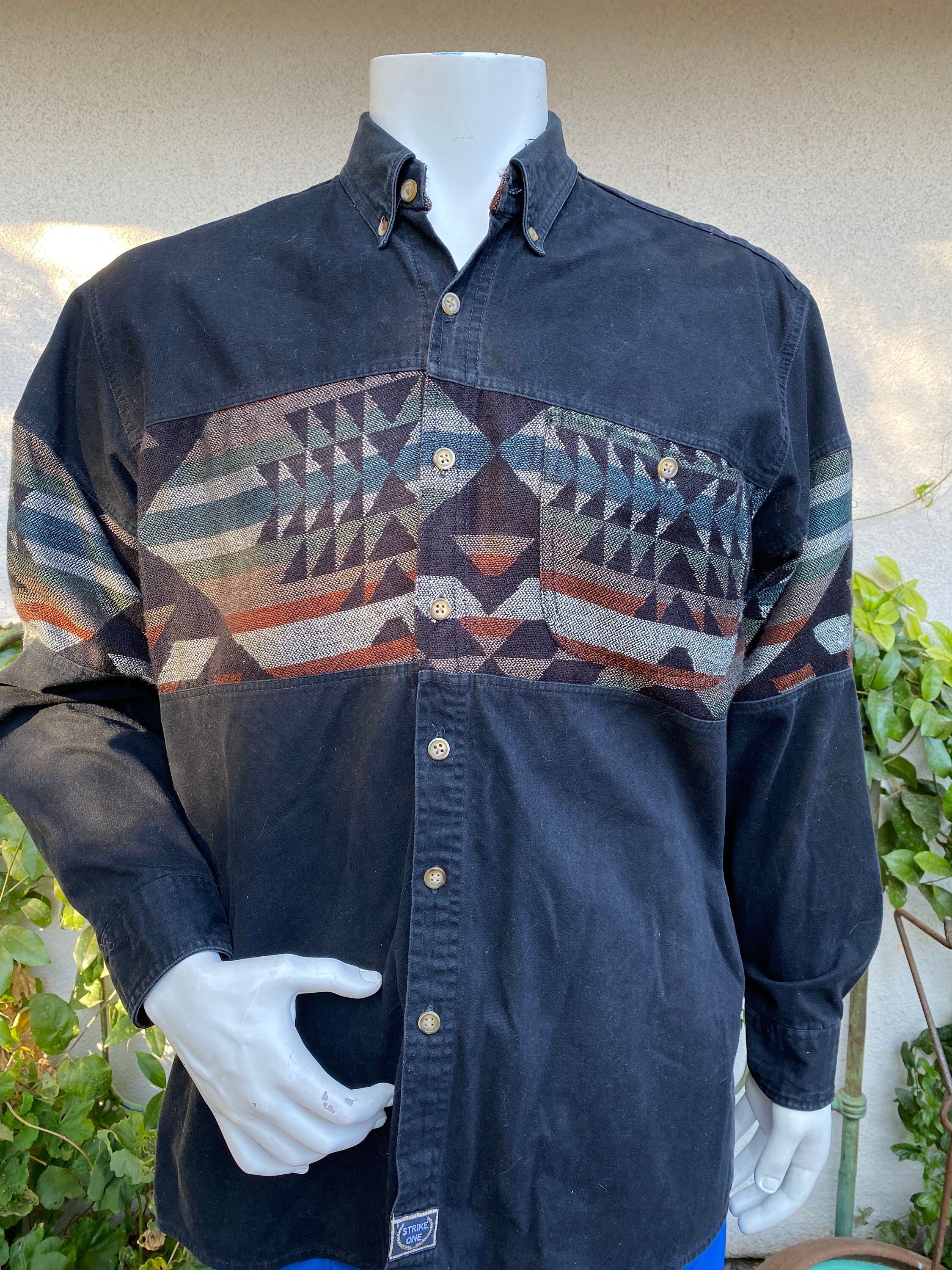 Vintage 90s Ikat Western Shirt Black Woven Southwestern