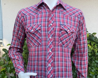 Vintage Plaid Wrangler Shirt Tapered Pearl Snaps Paper Thin Western Cowboy Long Sleeve Size Medium