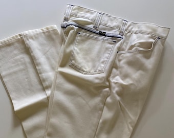 Vintage 70s White Wrangler Flared Jeans Blue Contrast Stitch Woven Trousers Waist 36 36x30.5