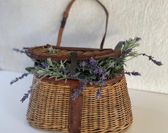 Vintage Old Fishing Creel Basket with Suede on Cowhide Leather Shoulder Strap