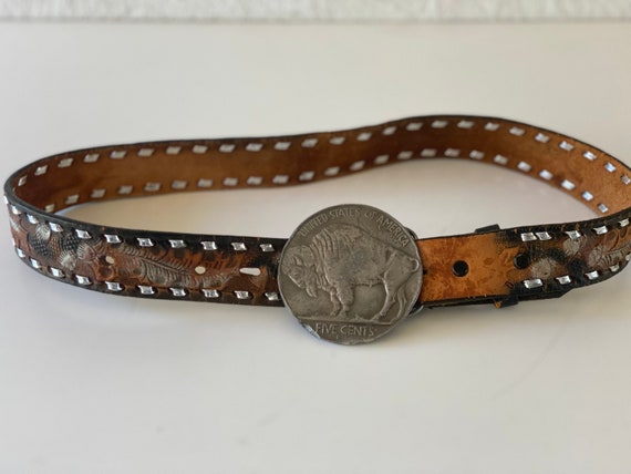 Vintage Brighton Brown Leather and Silver Tone Metal Southwestern Flowers Belt  Belt Buckle -  Canada