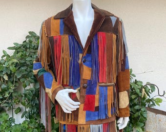 Vintage 60s 70s Rare Fringed Patchwork Suede Leather Jacket Color Block Faux Fur Lined Heavy Coat