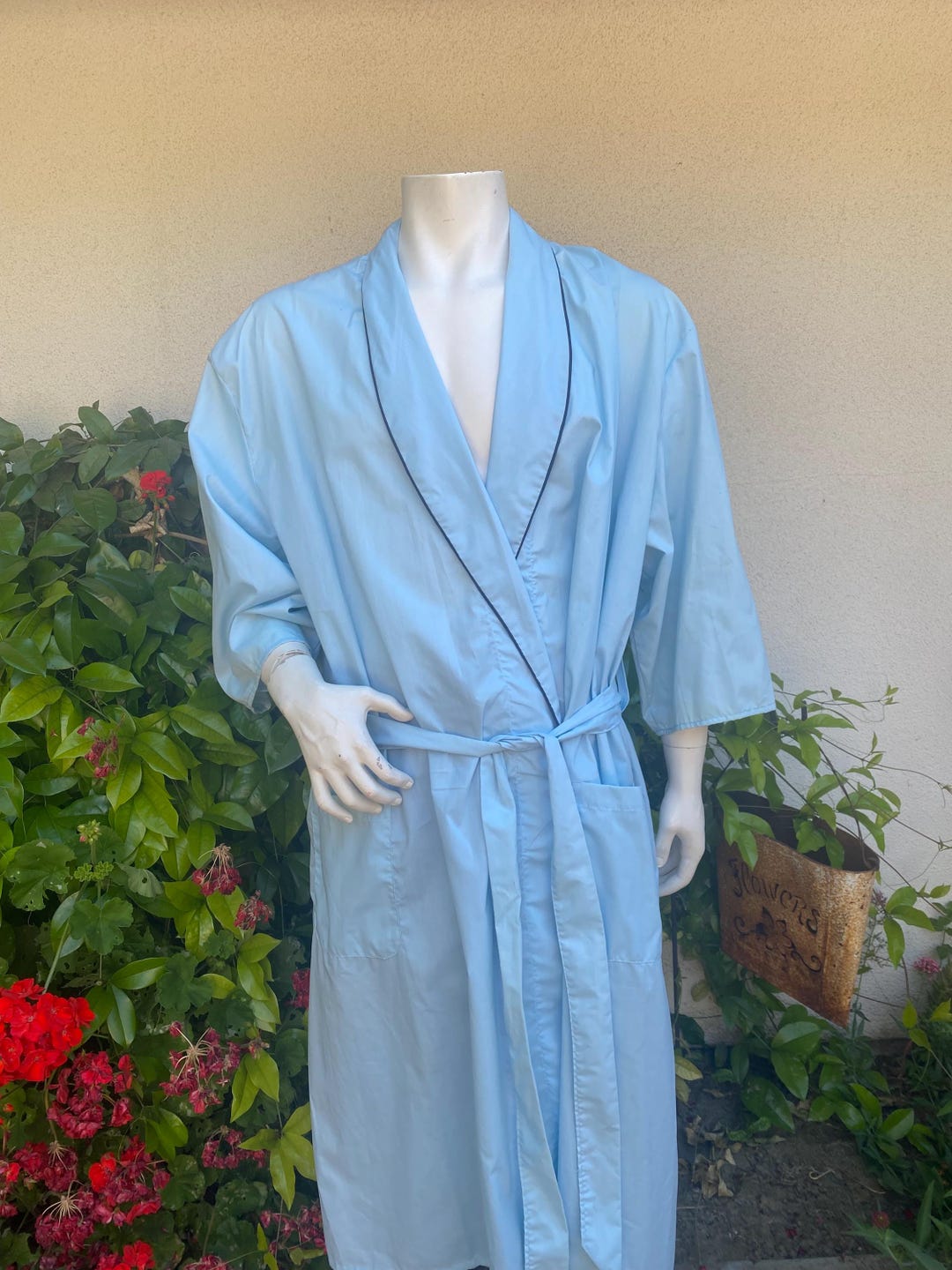 Vintage 80s 90s Mens Summer Robe Sky Blue Light Weight Open Front ...