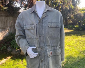 Vintage Carhartt Blanket-Lined Olive Green Field Jacket Distressed Chore Coat Size Large