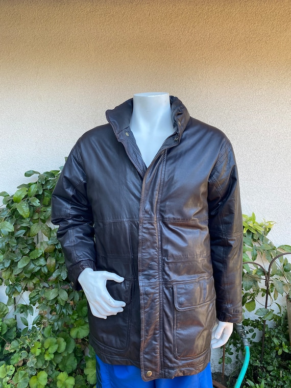 Vintage 90s Eddie Bauer Leather Goose Down Jacket Dark Brown Coat