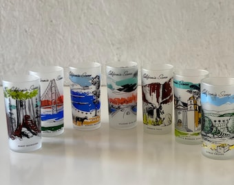 Vintage California Scenes Tumbler Glass Redwoods Golden Gate Catalina Santa Barbara Los Angeles Yosemite 12 oz