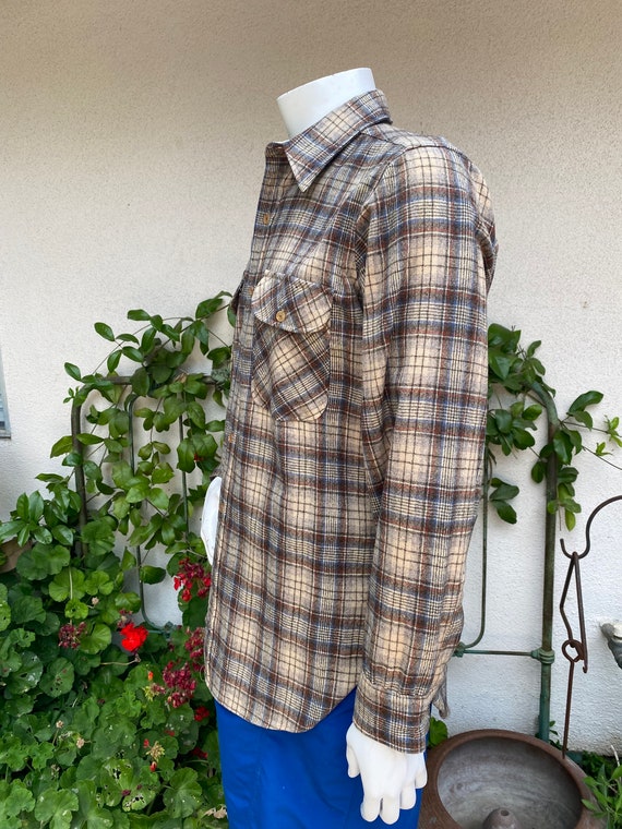 1960s 1970s Wool Pendleton Shirt Tan Plaid Oxford… - image 3