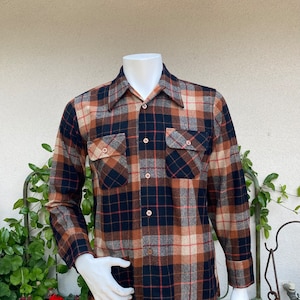 1960s Wool Burnt Orange Black Plaid Shirt Loop Collar Shirt Oxford Button Down Arrow From Cluett Size Small