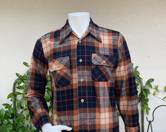1960s Wool Burnt Orange Black Plaid Shirt Loop Collar Shirt Oxford Button Down Arrow From Cluett Size Small