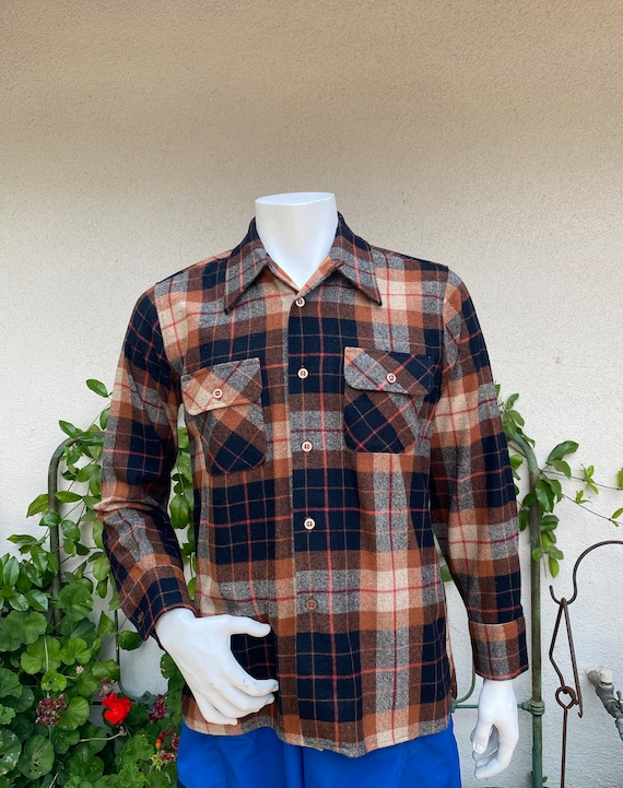 1960s Wool Burnt Orange Black Plaid Shirt Loop Col