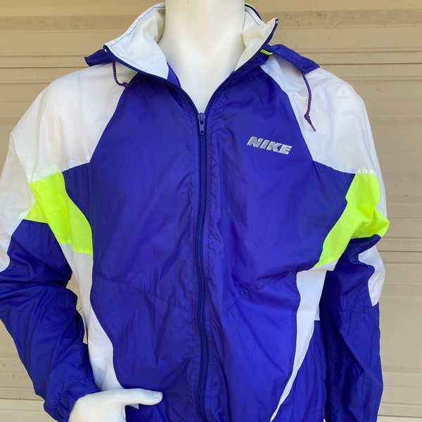 Vintage Nike Windbreaker Jacket with Hood // Purple Neon Green // Dolman Sleeves // Zip Up Nylon Jacket by Nike Size M