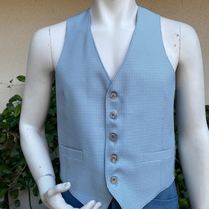 Vintage 70s Reversible Suit Vest Blue Houndstooth Checked Solid Pocket Blazer Vest by The Knack Size 38-40R