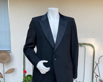 Vintage 60s Tuxedo Jacket // Black Satin Peak Lapel // Single Button Front Size 46L