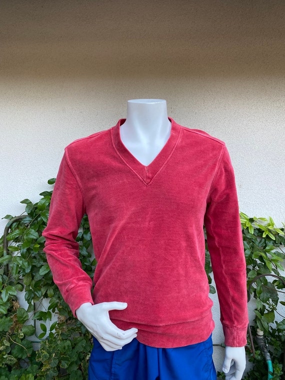 Vintage 70s 80s Velour Shirt V-Neck Coral Pullover