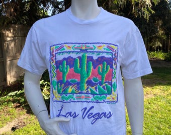 Vintage 90s Las Vegas Souvenir T-Shirt Pastel Puff Print Single Stitch Size Large