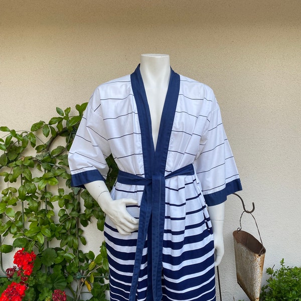 Vintage Playboy Summer Robe Striped Blue White Asian Style Kimono Robe with Pockets One Size